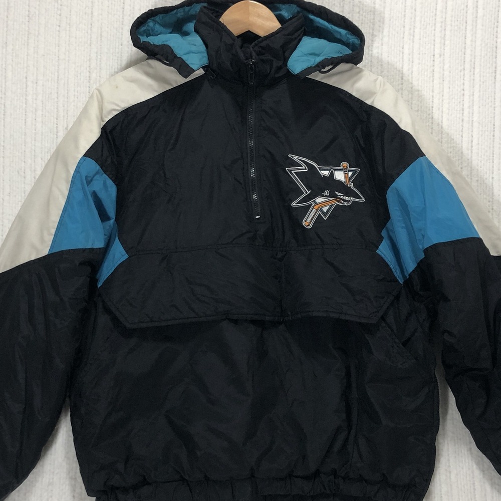 Vintage Locker Line San Jose Sharks NHL Pullover Jacket Black Teal Mens M J437